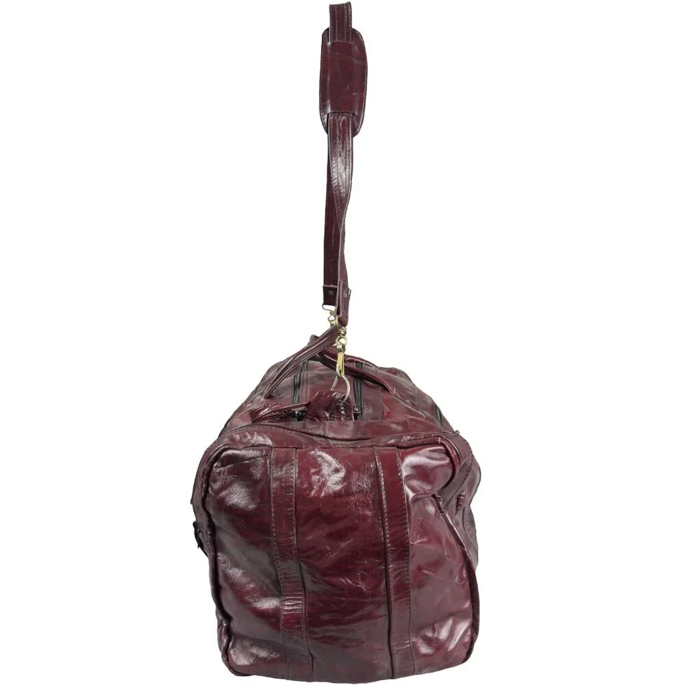 Vintage Patchwork Leather Duffel Bag Burgundy Weekend Travel Shoulder Strap